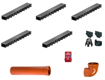 ACO Entwässerungsrinne 5er Set Länge 1 Meter, 1 x KG Bogen 110/87 Grad, 1 x KG Rohr 110/1000, 1 x Schnurwasserwaage, 1 x Zubehörset